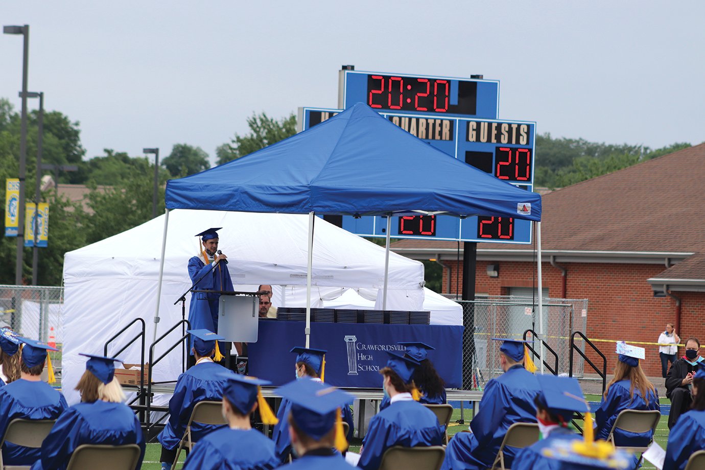 Athenian Drake Hayes, valedictorian for the Crawfordsville High School Class of 2020, addresses his former classmates Saturday.